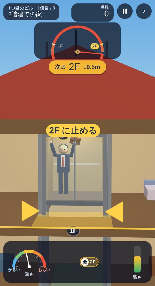 2階建ての家で、はじいたエレベーターが2階へ向かって上がっていくところ。上に針の階数表示、下に重さと強さのメーター
