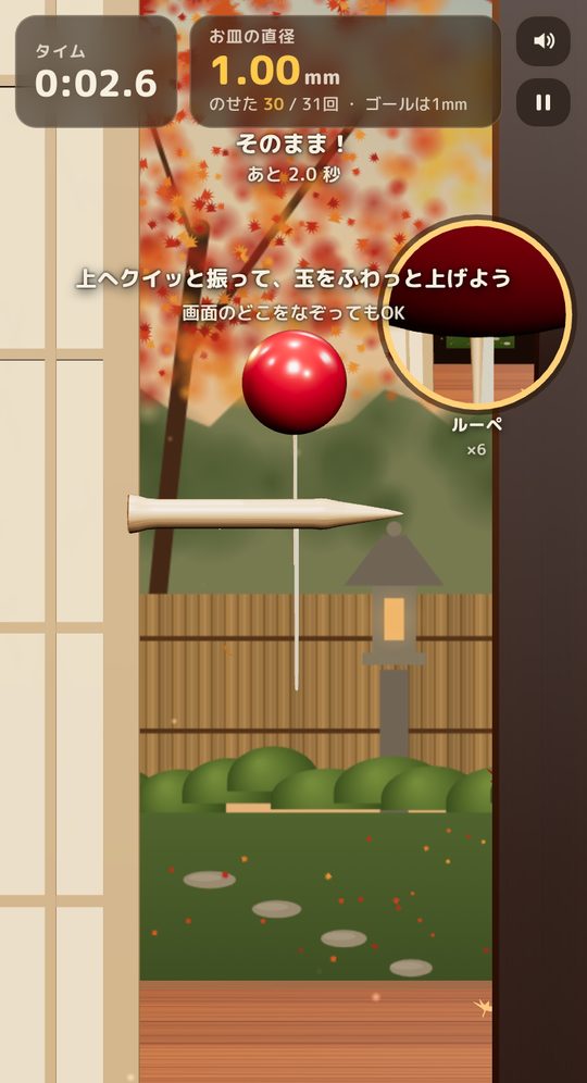 最後の1mmのお皿に玉がのっているところ。「そのまま！ あと2.0秒」と出ていて、ルーペは6倍になっている