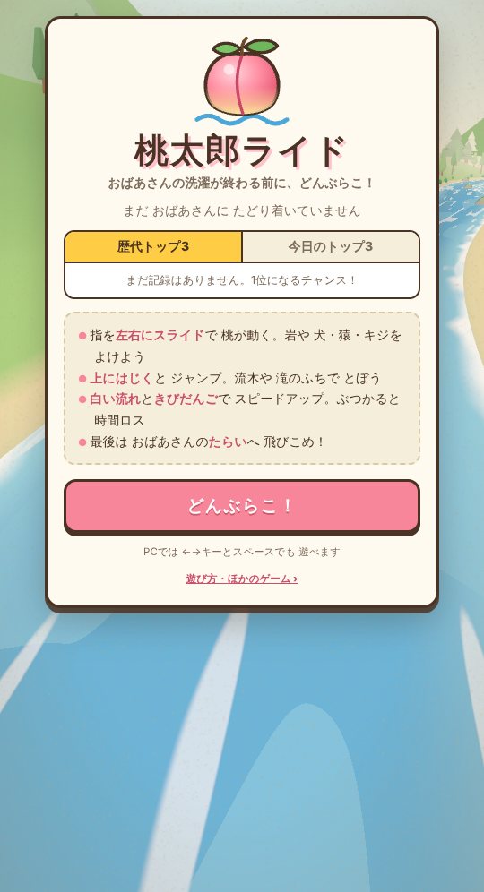 タイトル画面。桃のロゴと、歴代トップ3・今日のトップ3のランキング